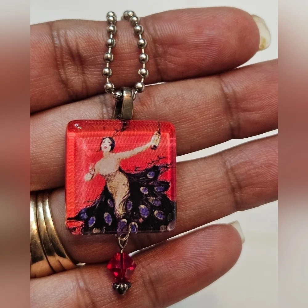 Hand Crafted vintage necklace handmade red & purple paper resin art ball chain